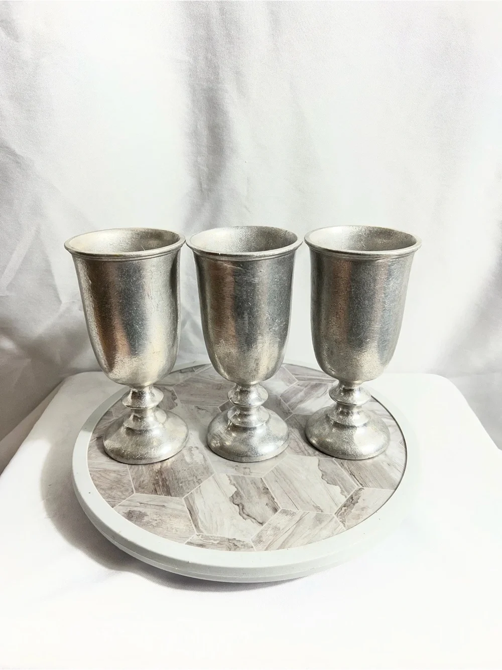 Set of 3 Silver Tone Pedestal Goblets Chalices Vintage Style Home Decor